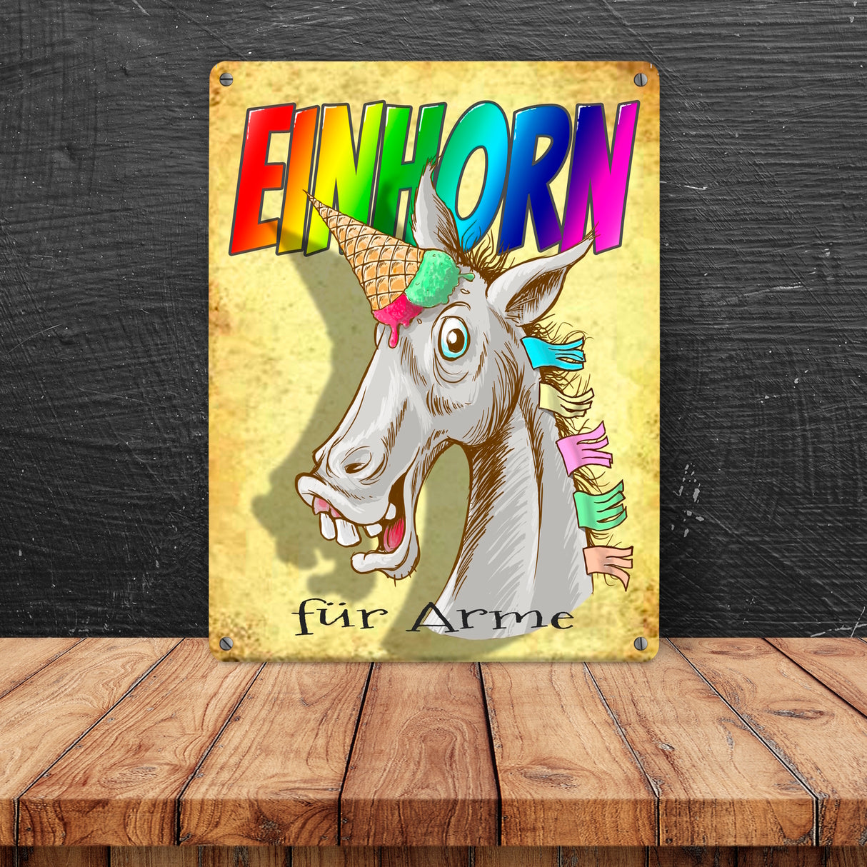 Metallschild mit Regenbogen Einhorn Motiv und Spruch - Einhorn für Arme
