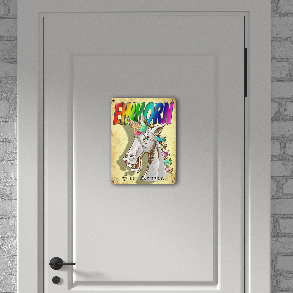 Metallschild mit Regenbogen Einhorn Motiv und Spruch - Einhorn für Arme