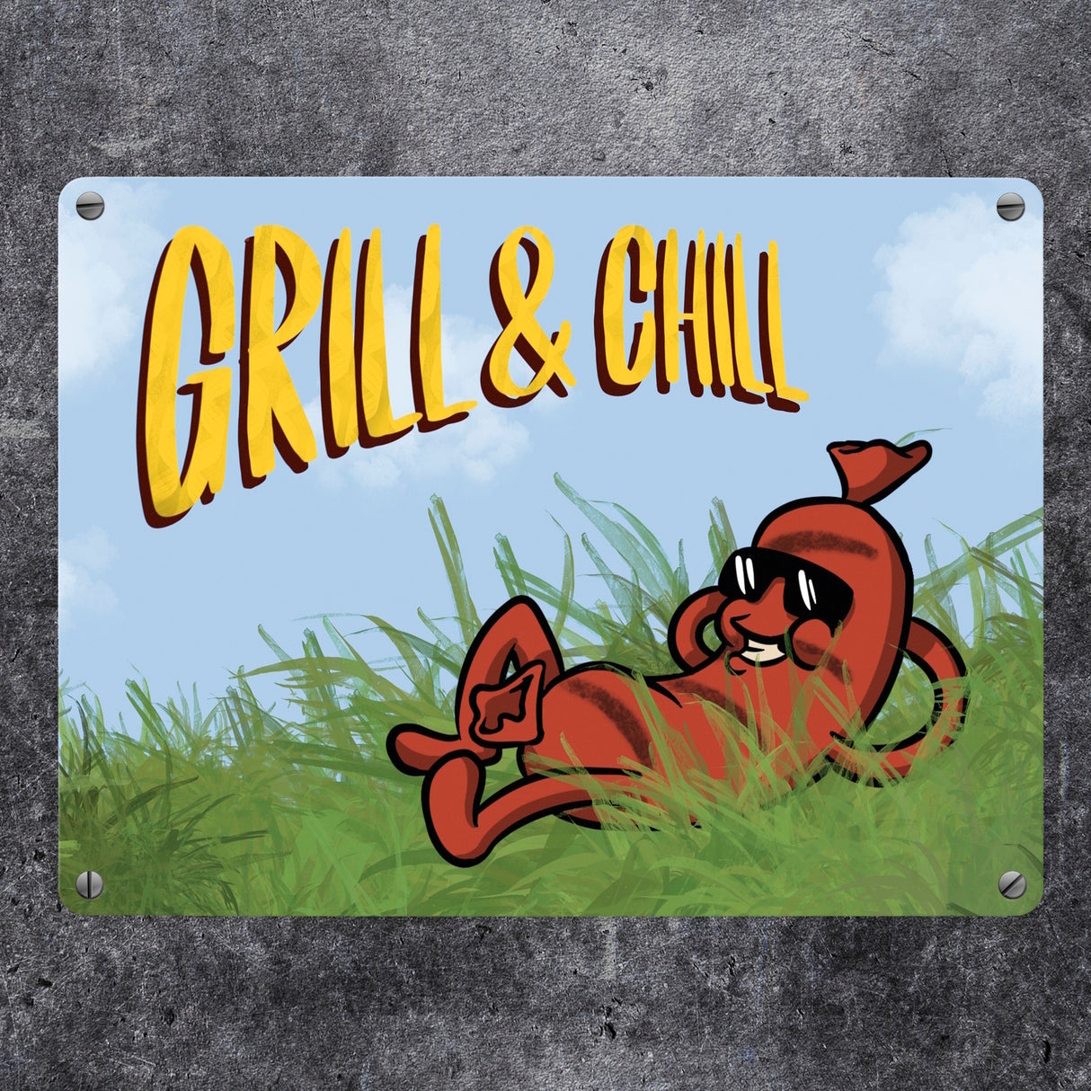 Metallschild Sommer Motiv - Bratwurst am Sonnenbaden mit Spruch Grill & Chill