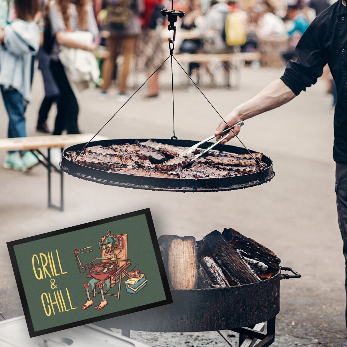 Fußmatte mit Grillmeister Motiv - Retro Grillroboter mit Spruch: Grill & Chill