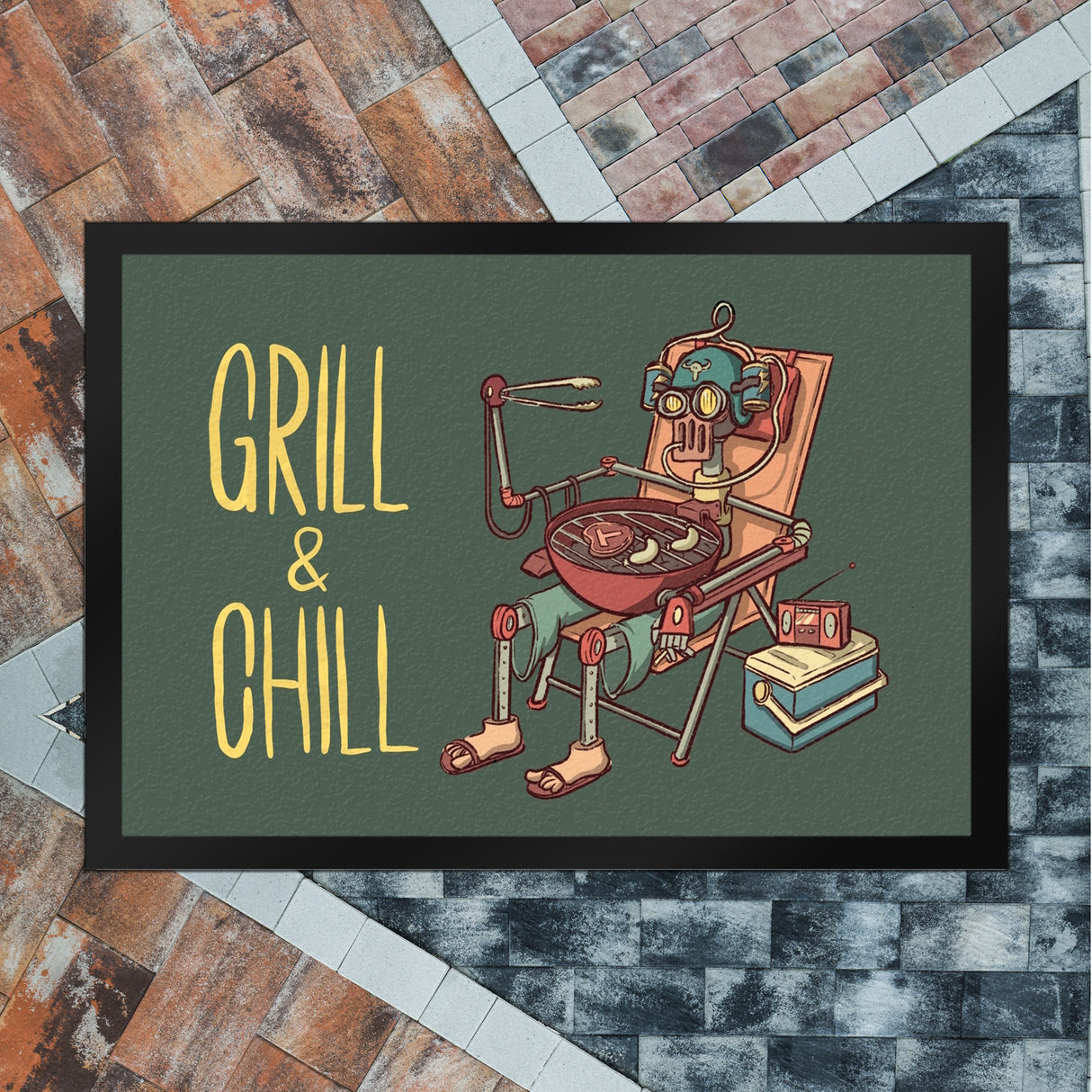 Fußmatte mit Grillmeister Motiv - Retro Grillroboter mit Spruch: Grill & Chill