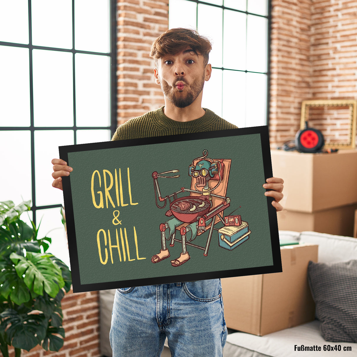 Fußmatte mit Grillmeister Motiv - Retro Grillroboter mit Spruch: Grill & Chill