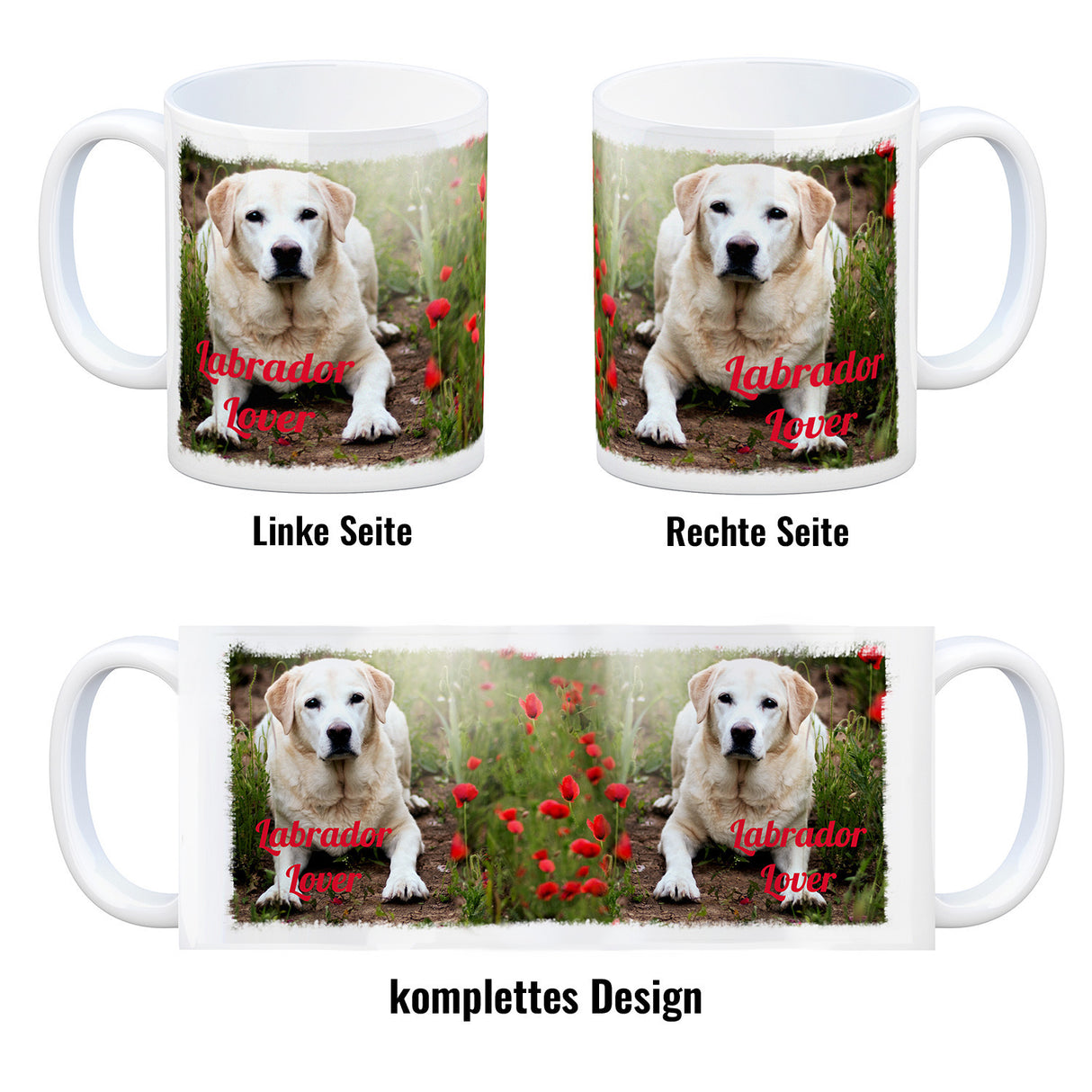 Kaffeetasse mit Fotomotiv Labrador Lover - Labrador im Mohnfeld