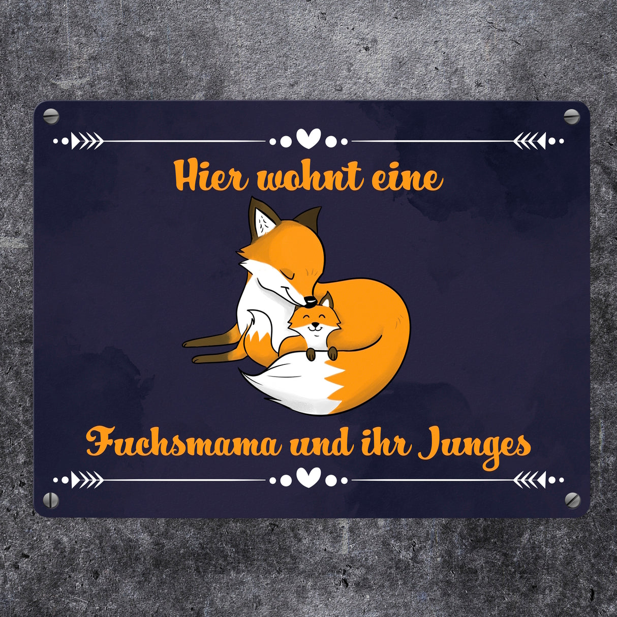 Metallschild mit Motiv und Spruch - Hier wohnt eine Fuchsmama und ihr Junges