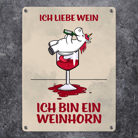 Metallschild mit Motiv und Spruch - Ich liebe Wein ich bin ein Weinhorn