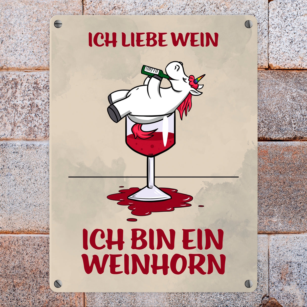 Metallschild mit Motiv und Spruch - Ich liebe Wein ich bin ein Weinhorn