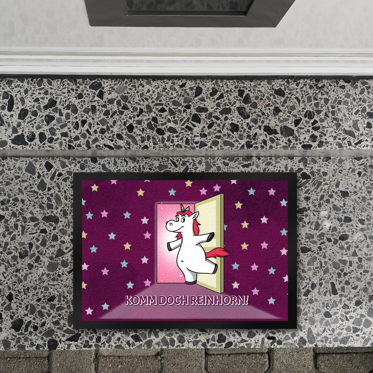 Fußmatte mit Einhorn Motiv und Spruch - Komm doch Reinhorn mit süßem Einhorn