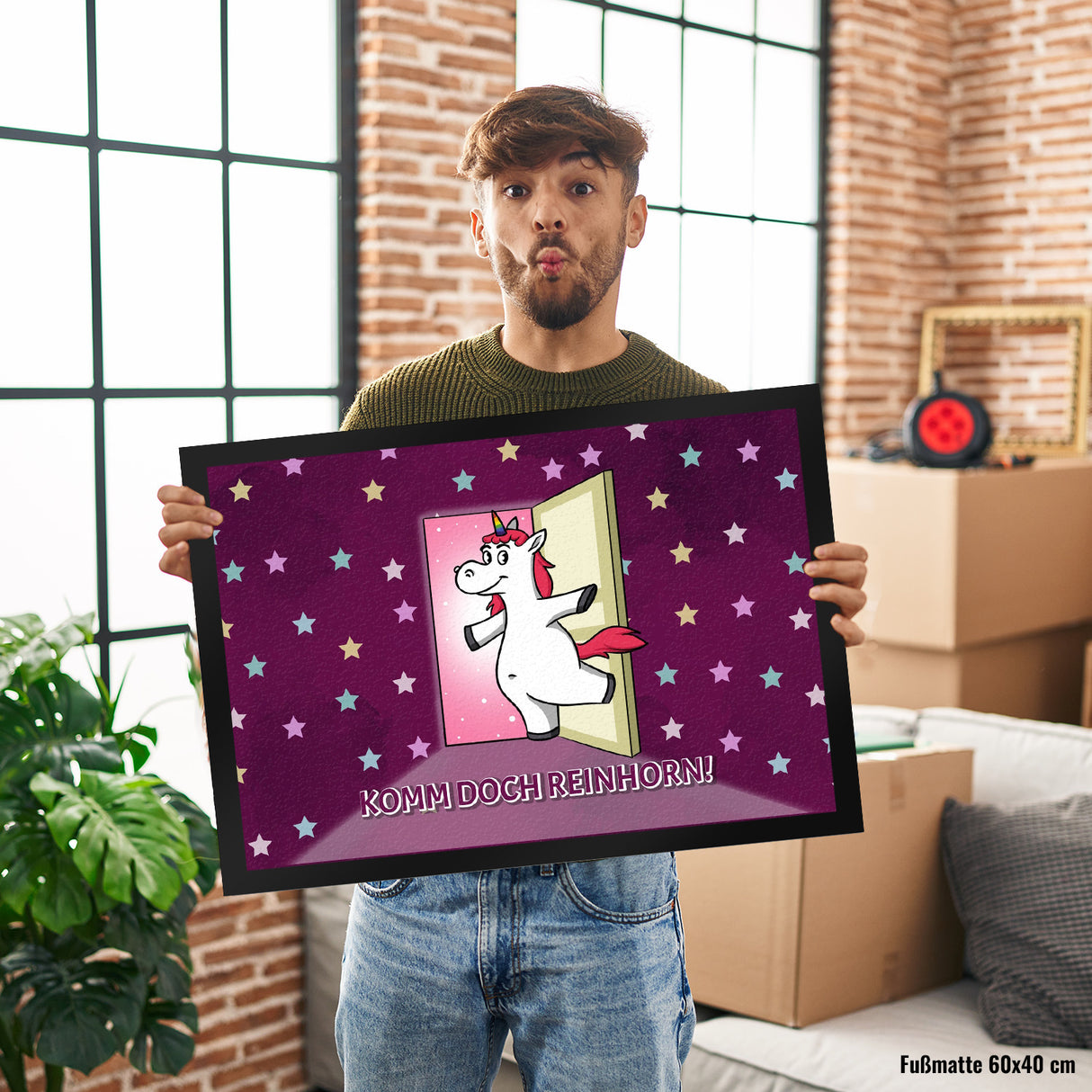 Fußmatte mit Einhorn Motiv und Spruch - Komm doch Reinhorn mit süßem Einhorn