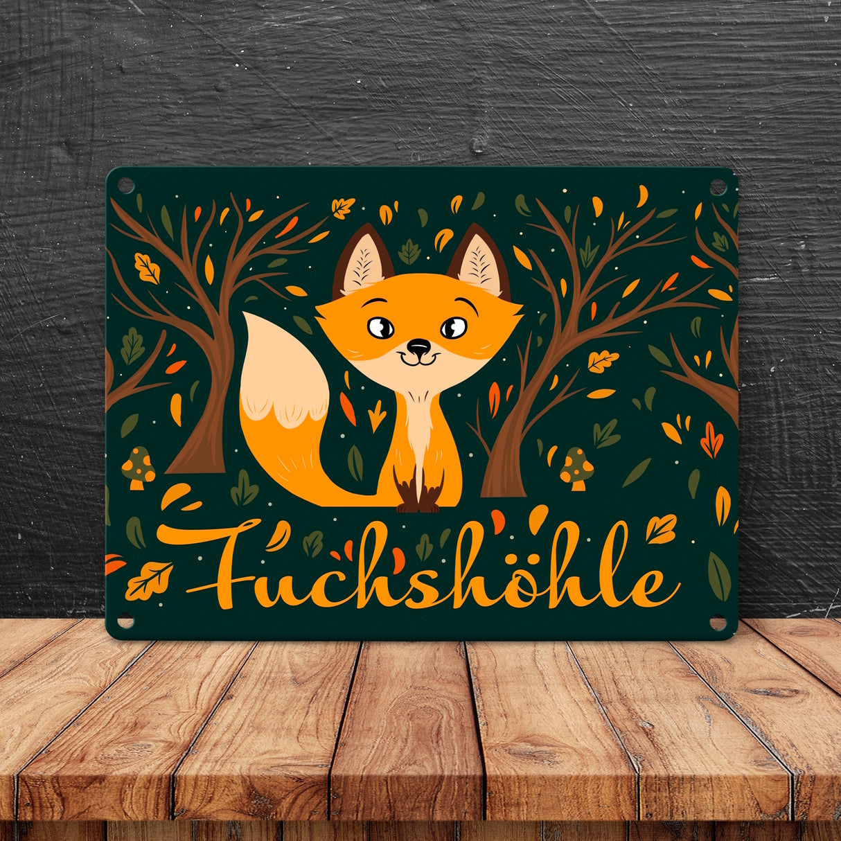 Metallschild mit niedlichem Fuchs im Wald und Herbst Motiven - Fuchshöhle