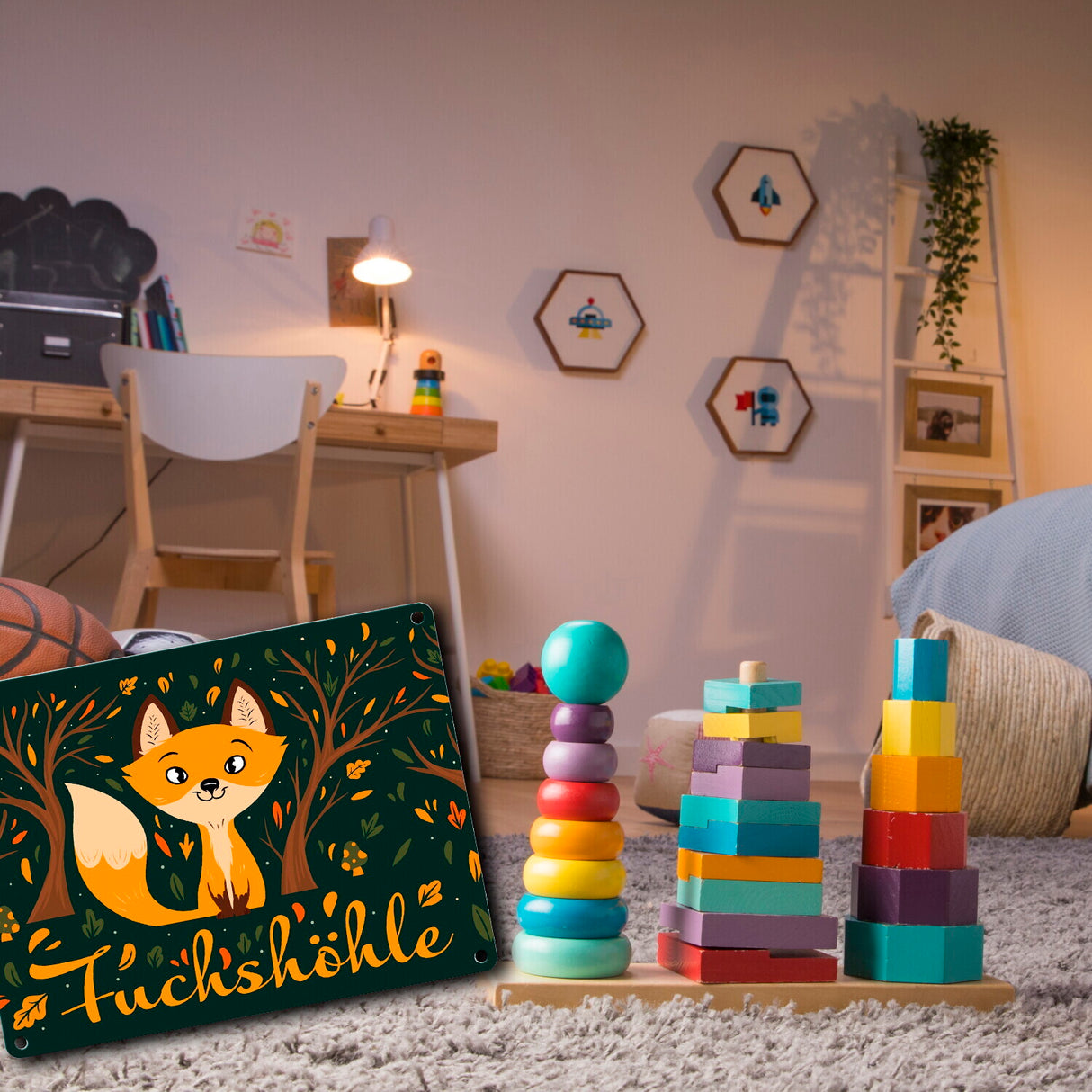Metallschild mit niedlichem Fuchs im Wald und Herbst Motiven - Fuchshöhle