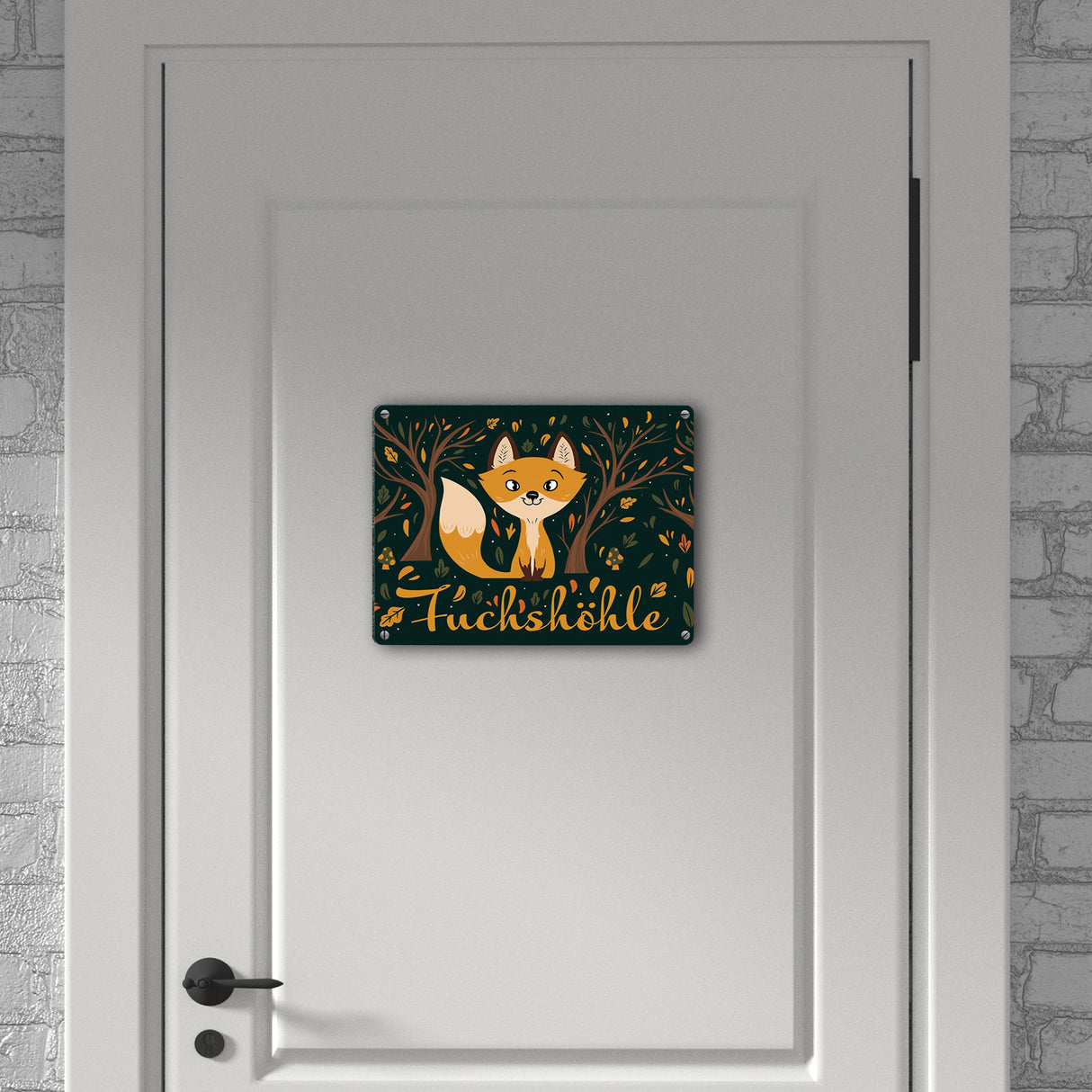 Metallschild mit niedlichem Fuchs im Wald und Herbst Motiven - Fuchshöhle