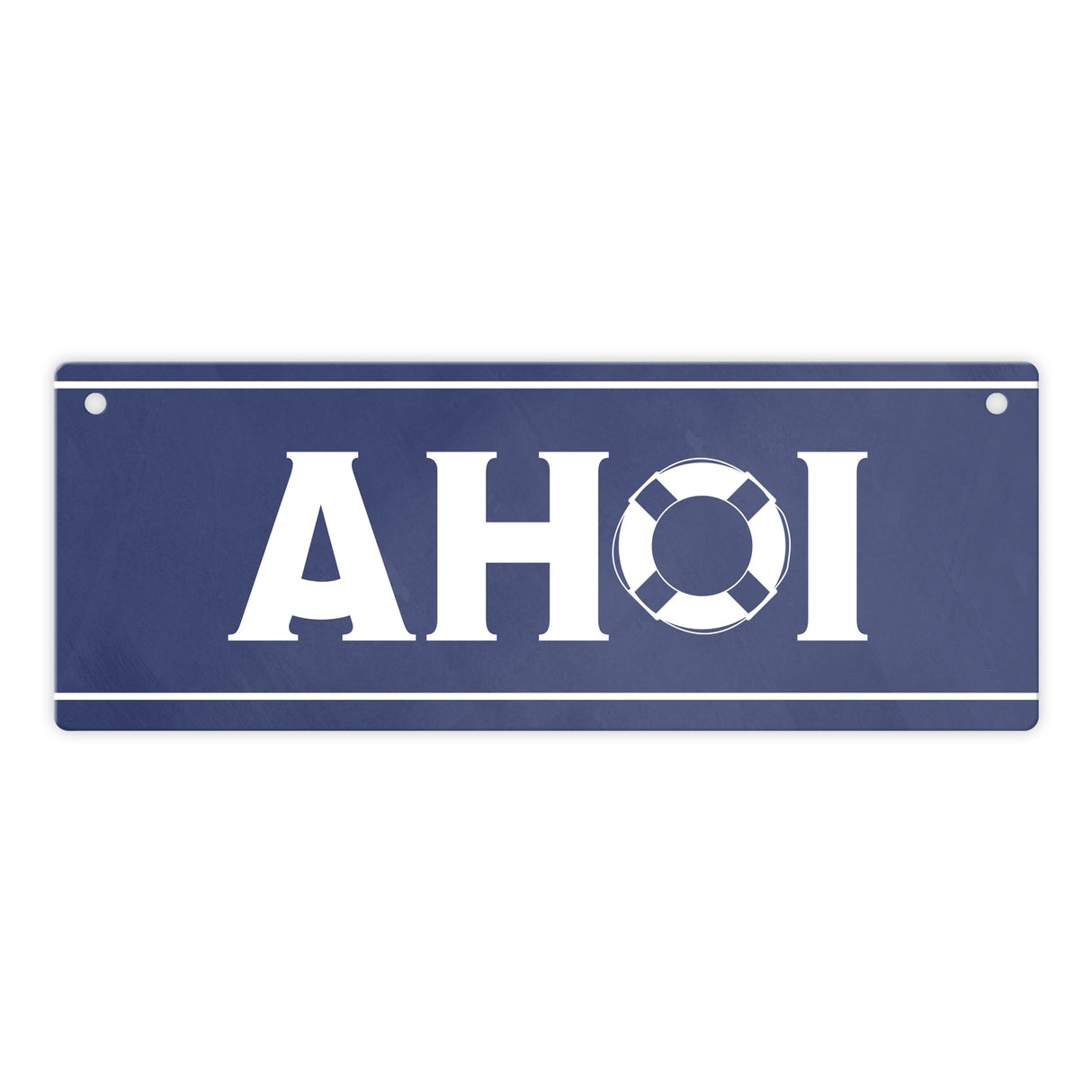 Metallschild mit maritimen Design - Ahoi Schriftzug mit Rettungsring Motiv