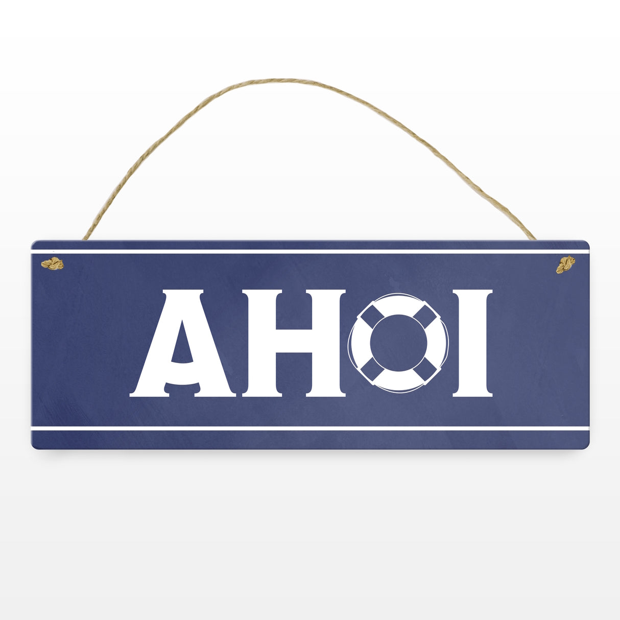 Metallschild mit maritimen Design - Ahoi Schriftzug mit Rettungsring Motiv