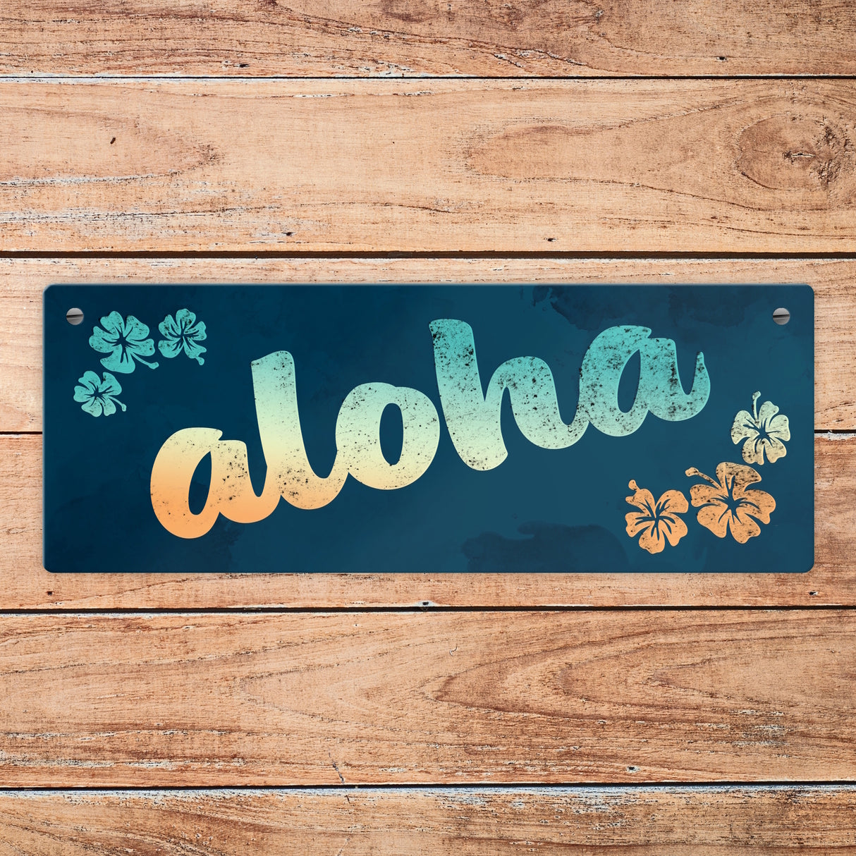 Metallschild mit Hawaii Design und Schriftzug - Aloha mit kleinen Blumen