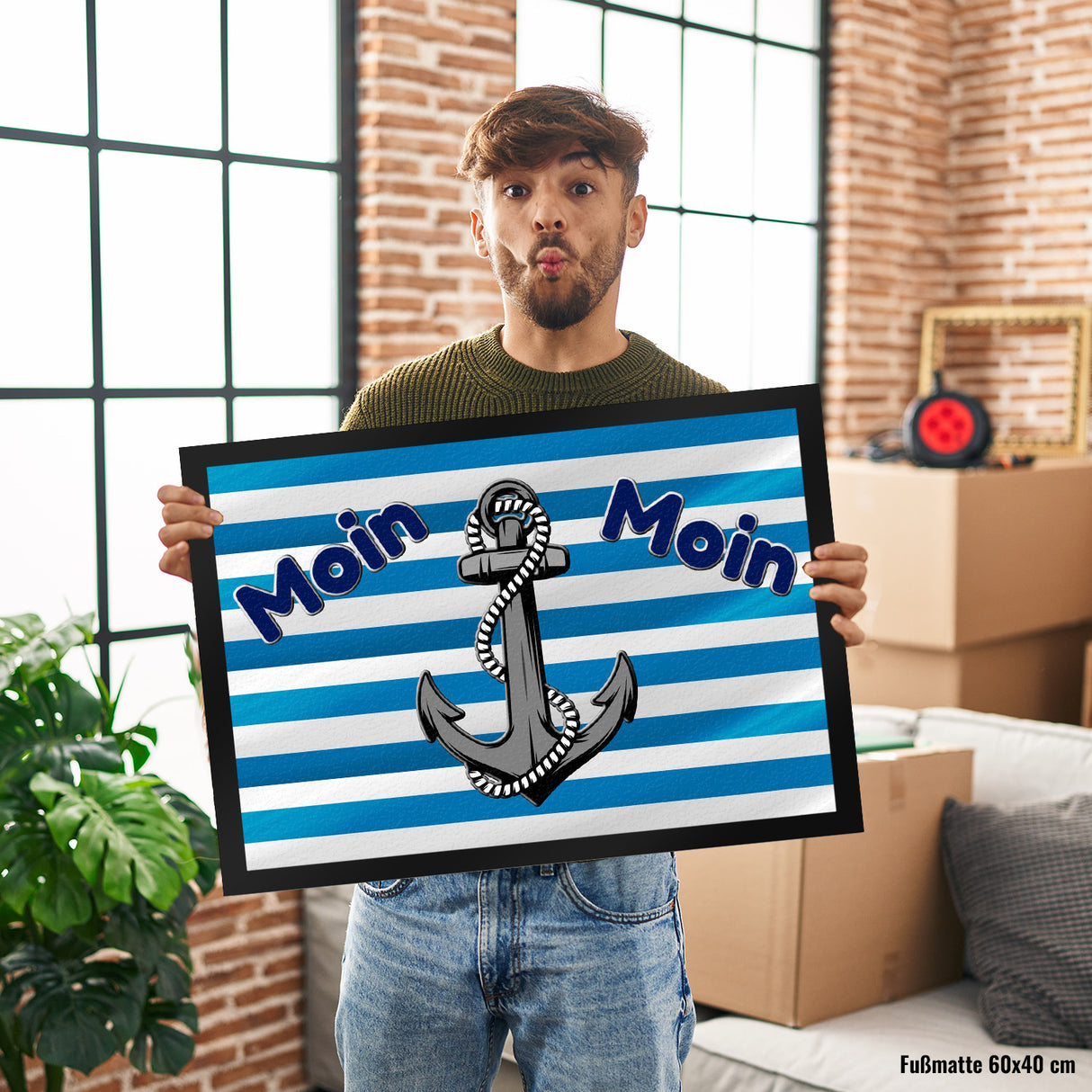 Moin, Moin Fußmatte in 35x50 cm mit Anker und maritimem Hintergrund