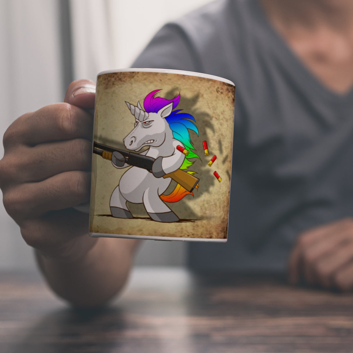 Kaffeebecher mit lustigem Einhorn mit Gewehr Motiv - SCHLUSS MIT LUSTIG!