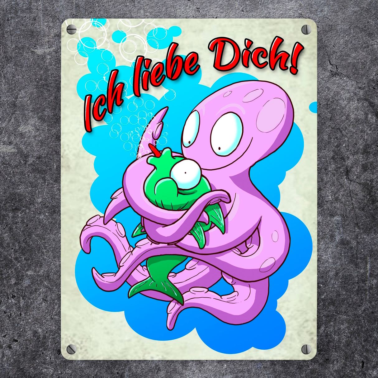 Metallschild mit Comic Tintenfisch Motiv und Spruch - Ich liebe dich!
