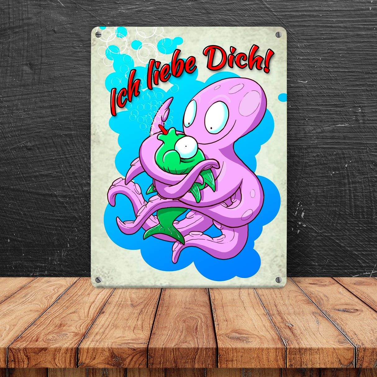 Metallschild mit Comic Tintenfisch Motiv und Spruch - Ich liebe dich!
