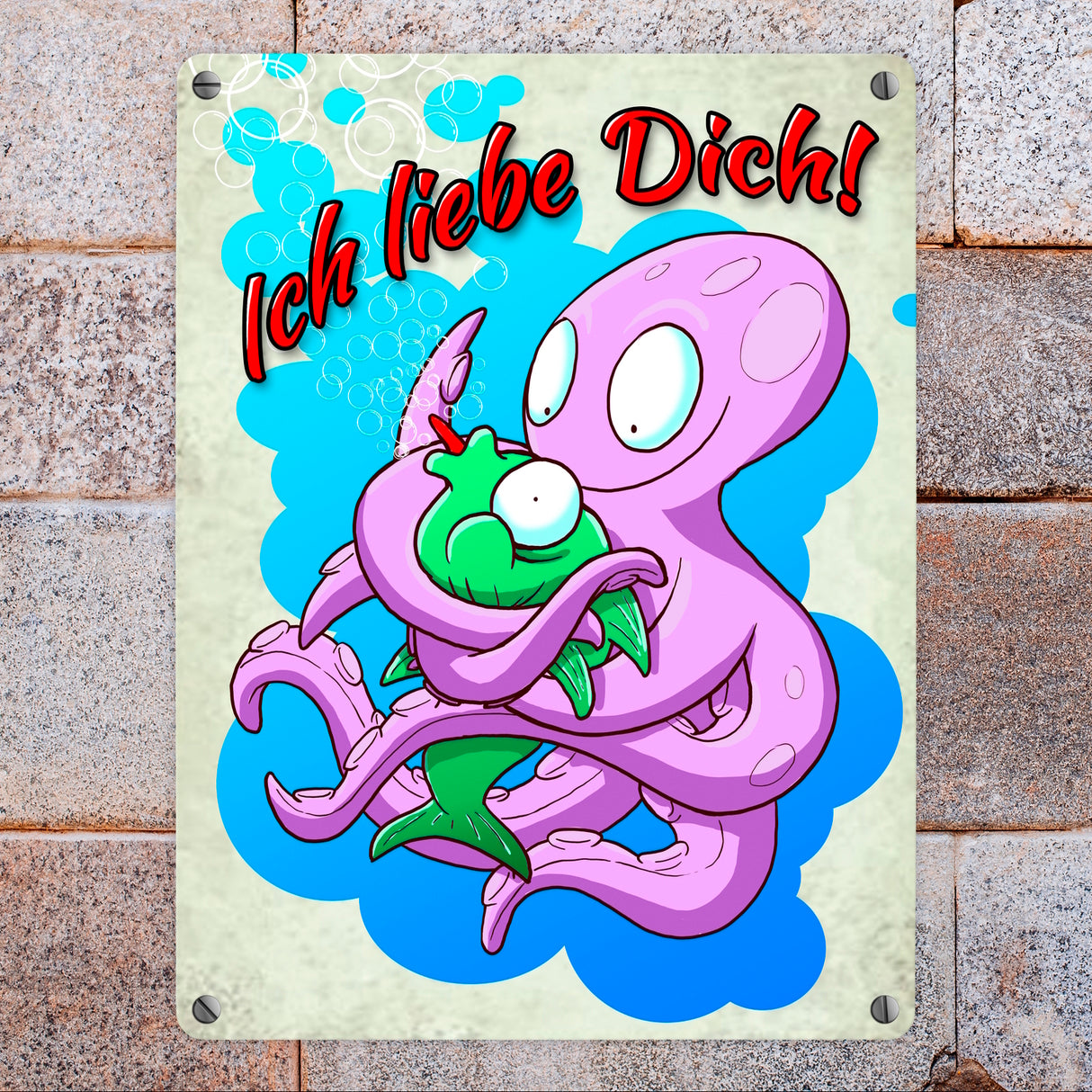 Metallschild mit Comic Tintenfisch Motiv und Spruch - Ich liebe dich!
