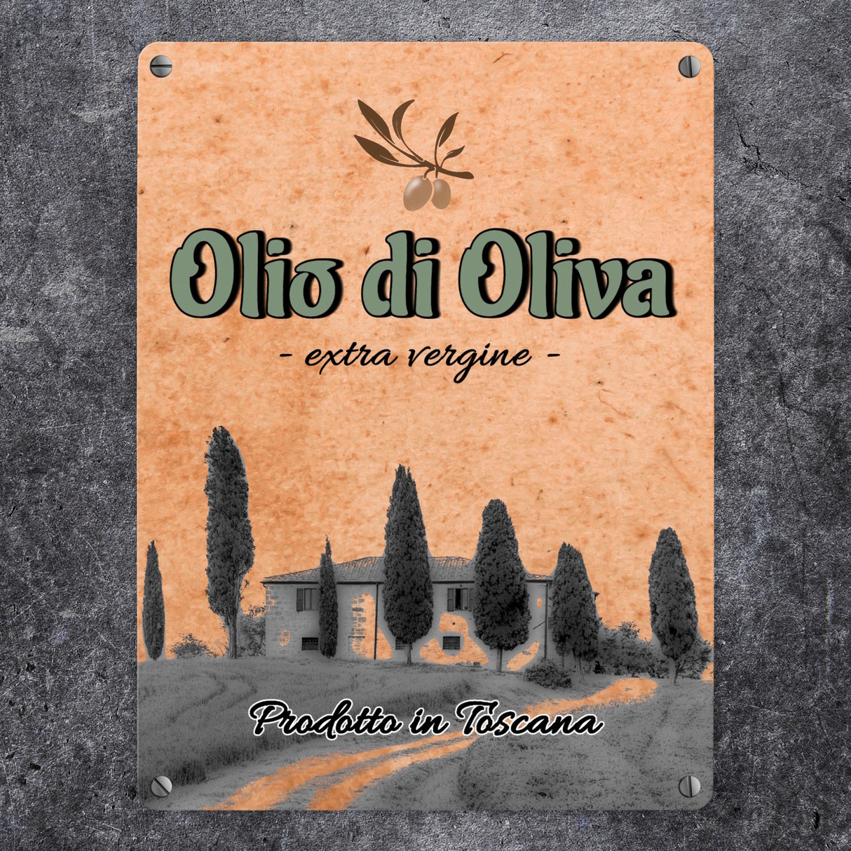 Metallschild in 15x20 cm mit mediterranem Olivenölmotiv Olio di Oliva für die Küche