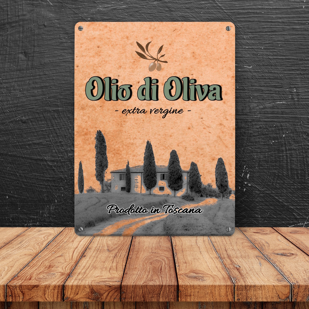 Metallschild in 15x20 cm mit mediterranem Olivenölmotiv Olio di Oliva für die Küche