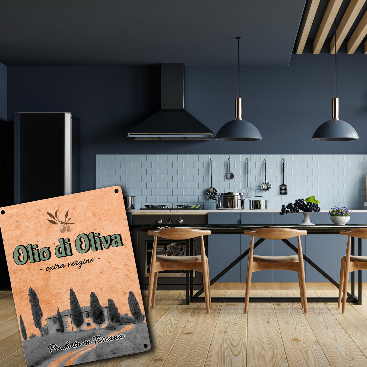 Metallschild in 15x20 cm mit mediterranem Olivenölmotiv Olio di Oliva für die Küche