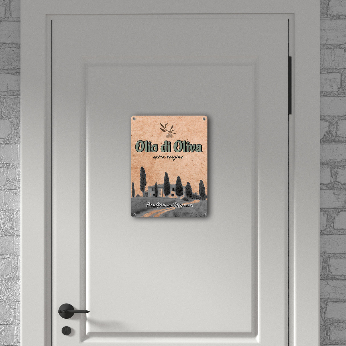 Metallschild in 15x20 cm mit mediterranem Olivenölmotiv Olio di Oliva für die Küche