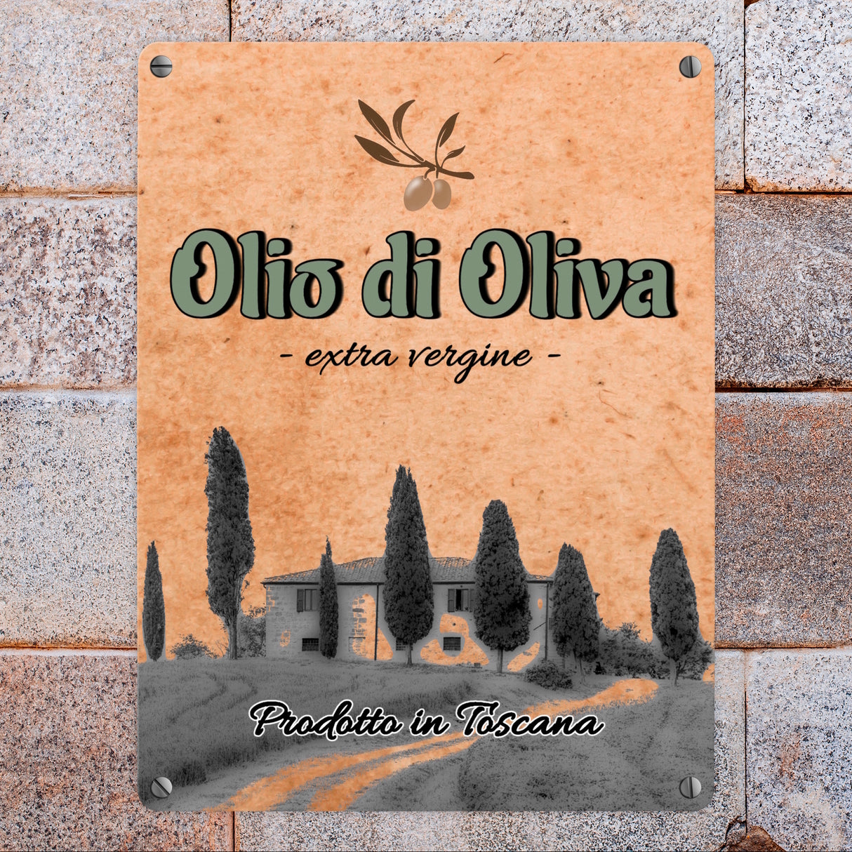Metallschild in 15x20 cm mit mediterranem Olivenölmotiv Olio di Oliva für die Küche