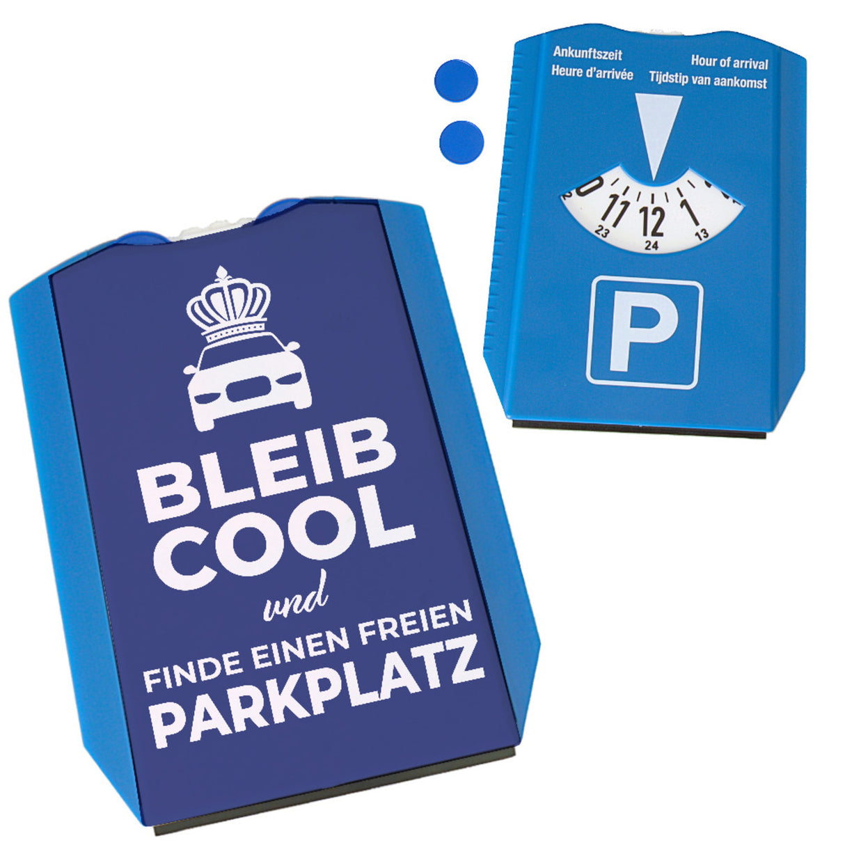 Bleib cool und finde einen freien Parkplatz Parkscheibe mit 2 Einkaufswagenchips