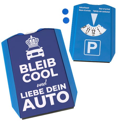 Bleib cool und liebe dein Auto Parkscheibe mit 2 Einkaufswagenchips