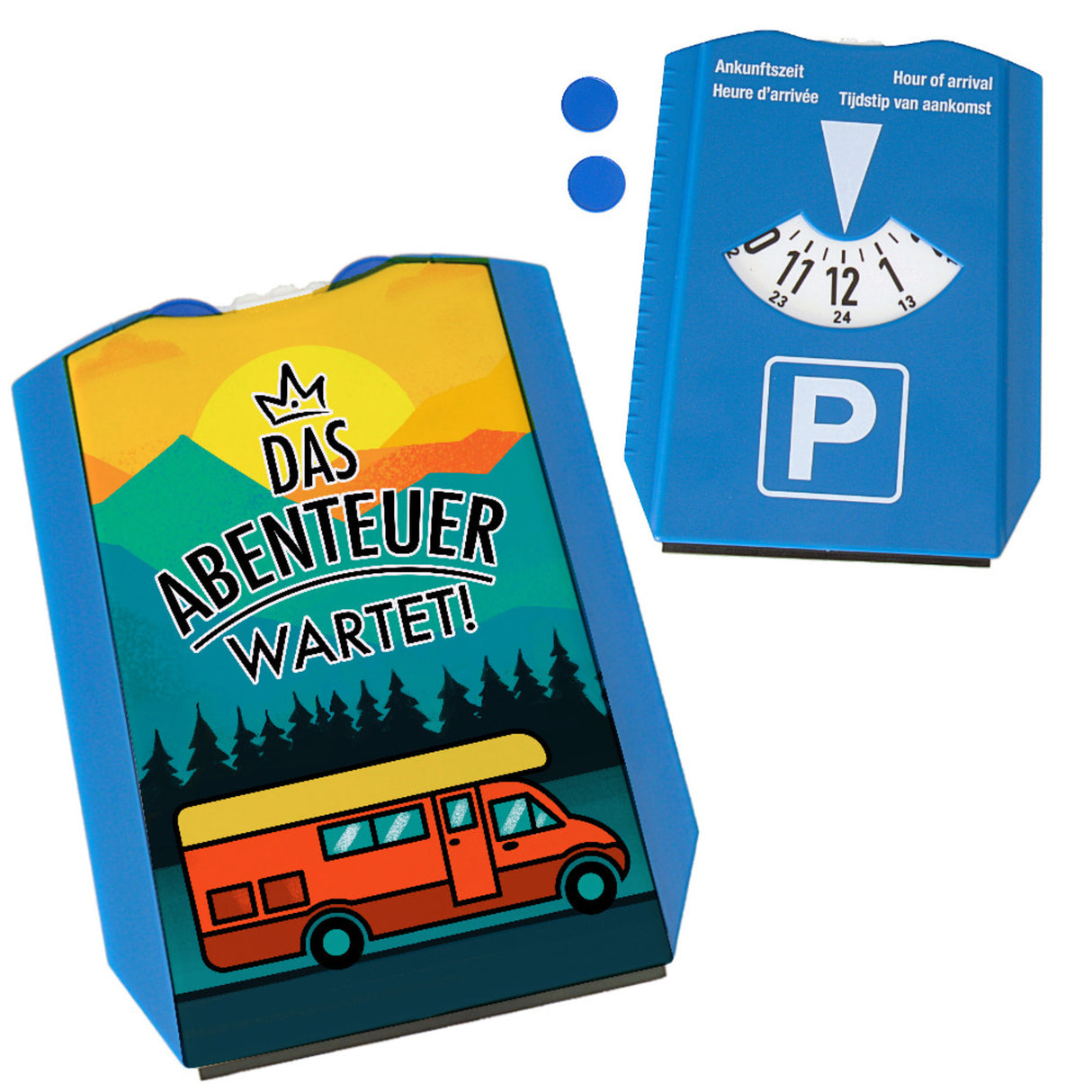 Das Abenteuer wartet Parkscheibe mit Reisemotiv und 2 Einkaufswagenchips