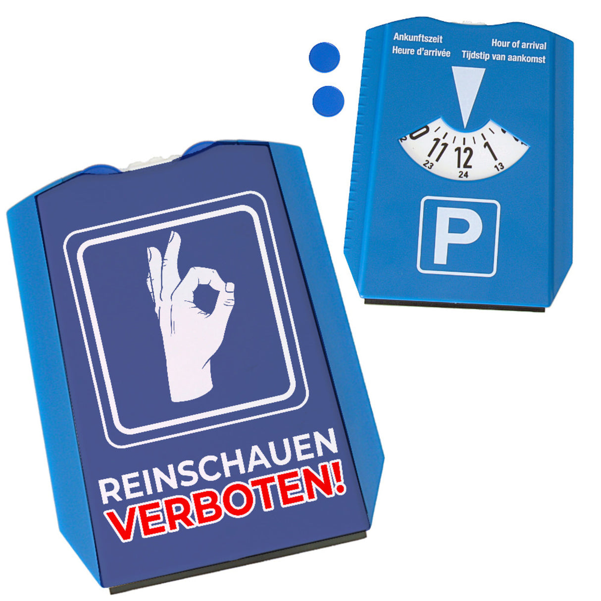 Reinschauen Verboten Parkscheibe mit witzigem Motiv und 2 Einkaufswagenchips