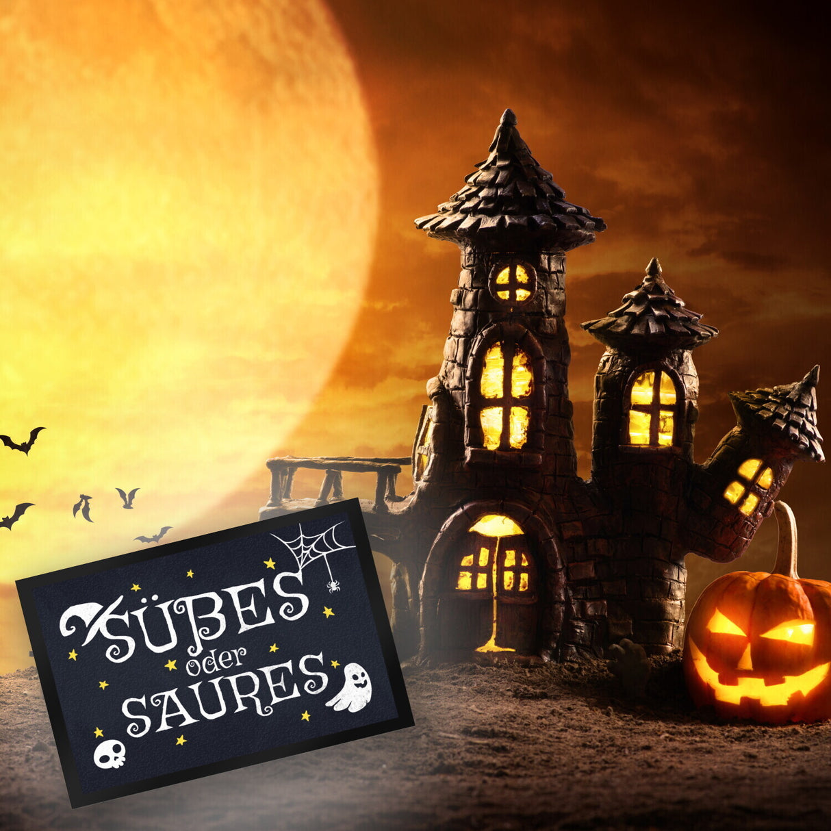 Süßes oder Saures Halloween Fußmatte mit vielen Halloweenmotiven