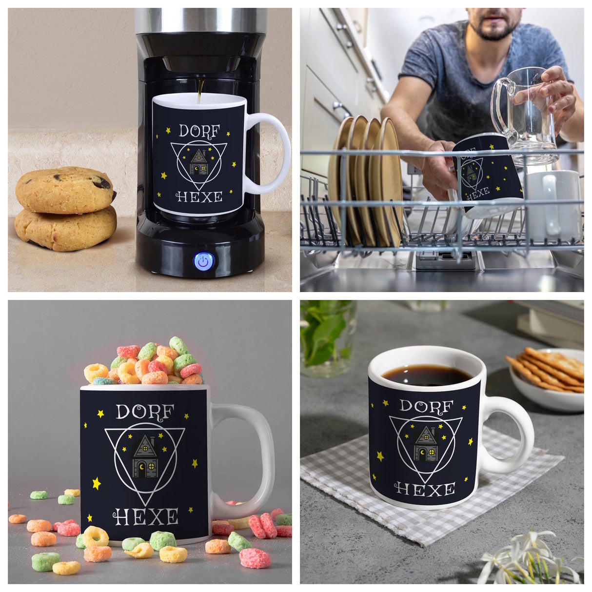 Dorfhexe Kaffeebecher mit Hexenhaus Motiven