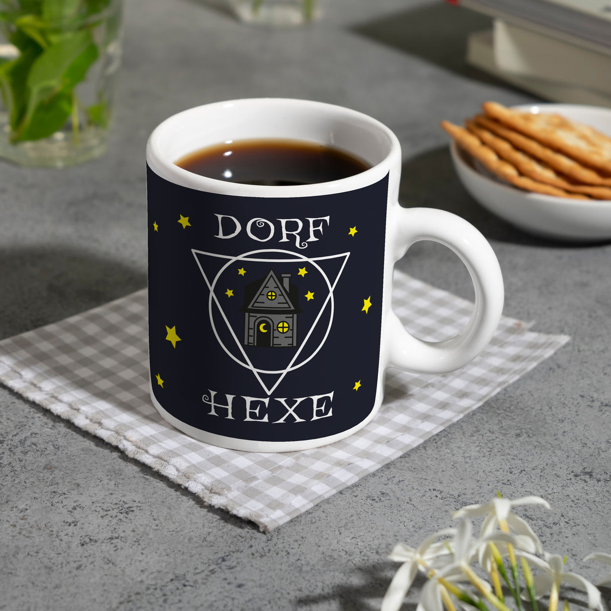 Dorfhexe Kaffeebecher mit Hexenhaus Motiven