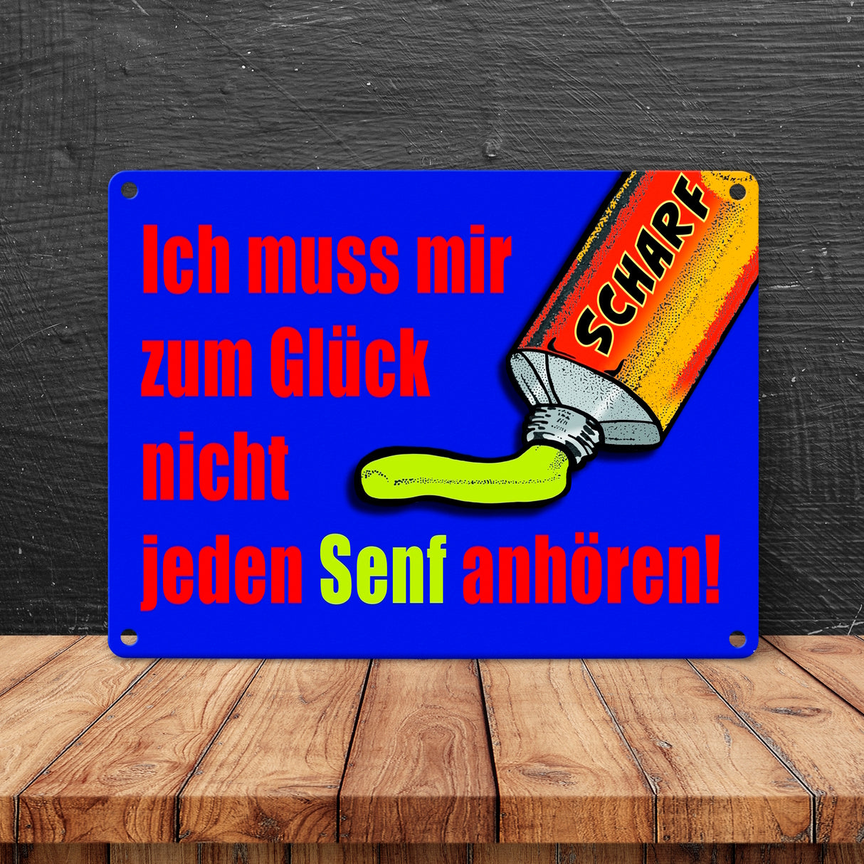 Zum Glück nicht jeden Senf anhören Metallschild im Comicstil mit Spruch