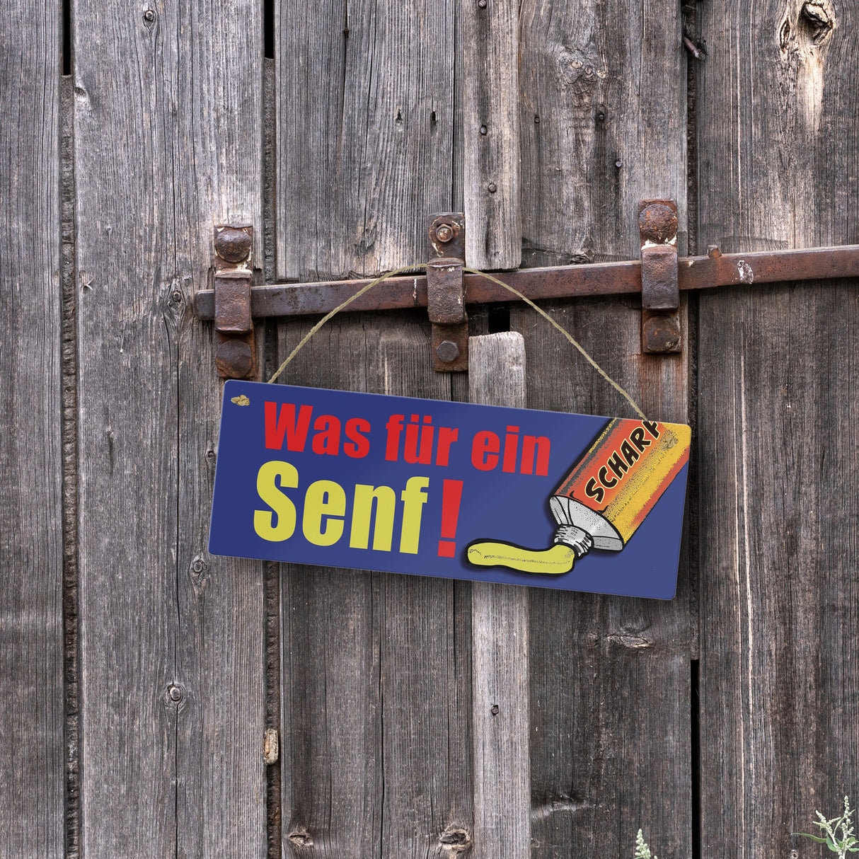 Was für ein Senf! Metallschild im Comicstil mit Senfmotiv und Spruch