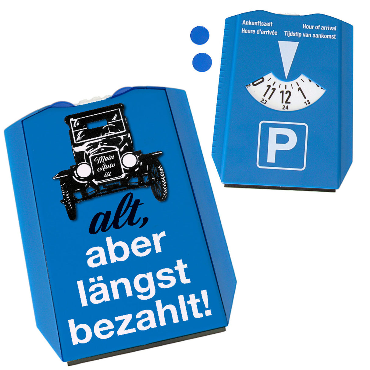 Alt, aber längst bezahlt Parkscheibe mit Oldtimer und 2 Einkaufswagenchips