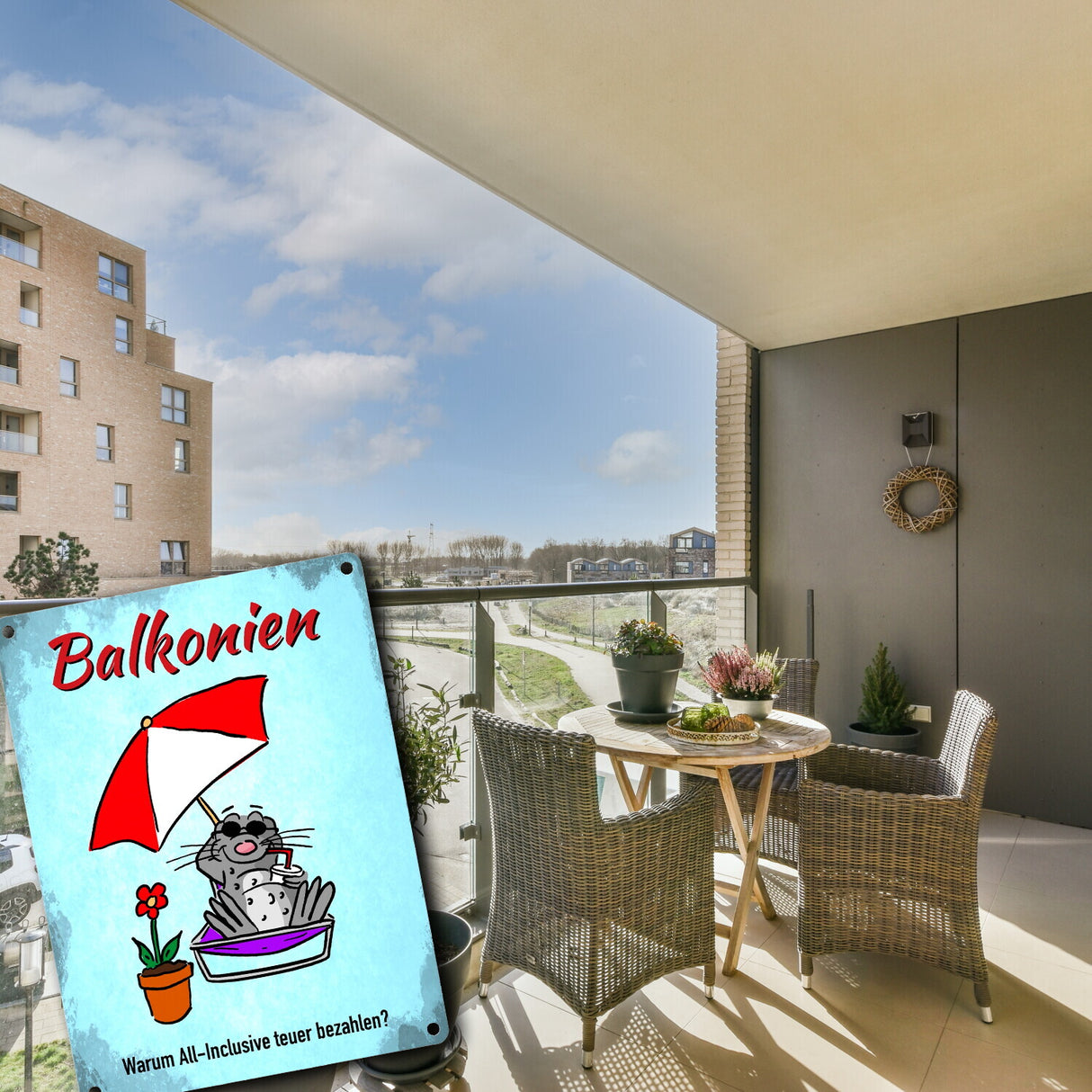 Balkonien Urlaub Metallschild mit Seeleopard auf dem Balkon