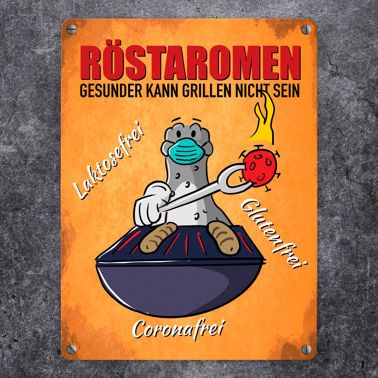 Röstaromen Metallschild mit Seeleopard beim Grillen