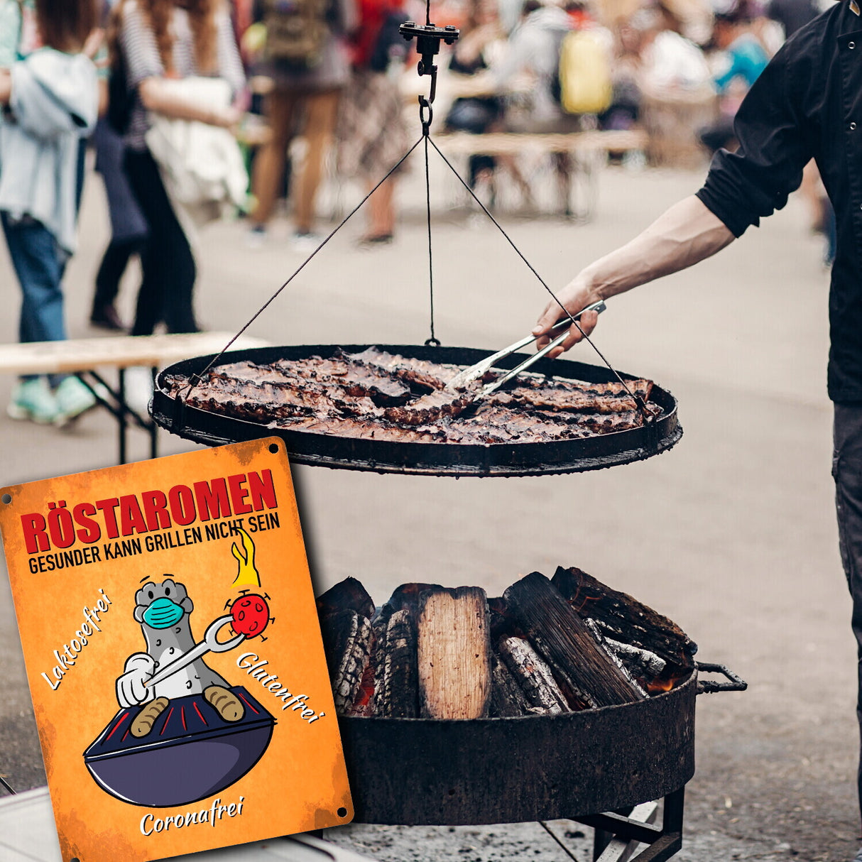 Röstaromen Metallschild mit Seeleopard beim Grillen