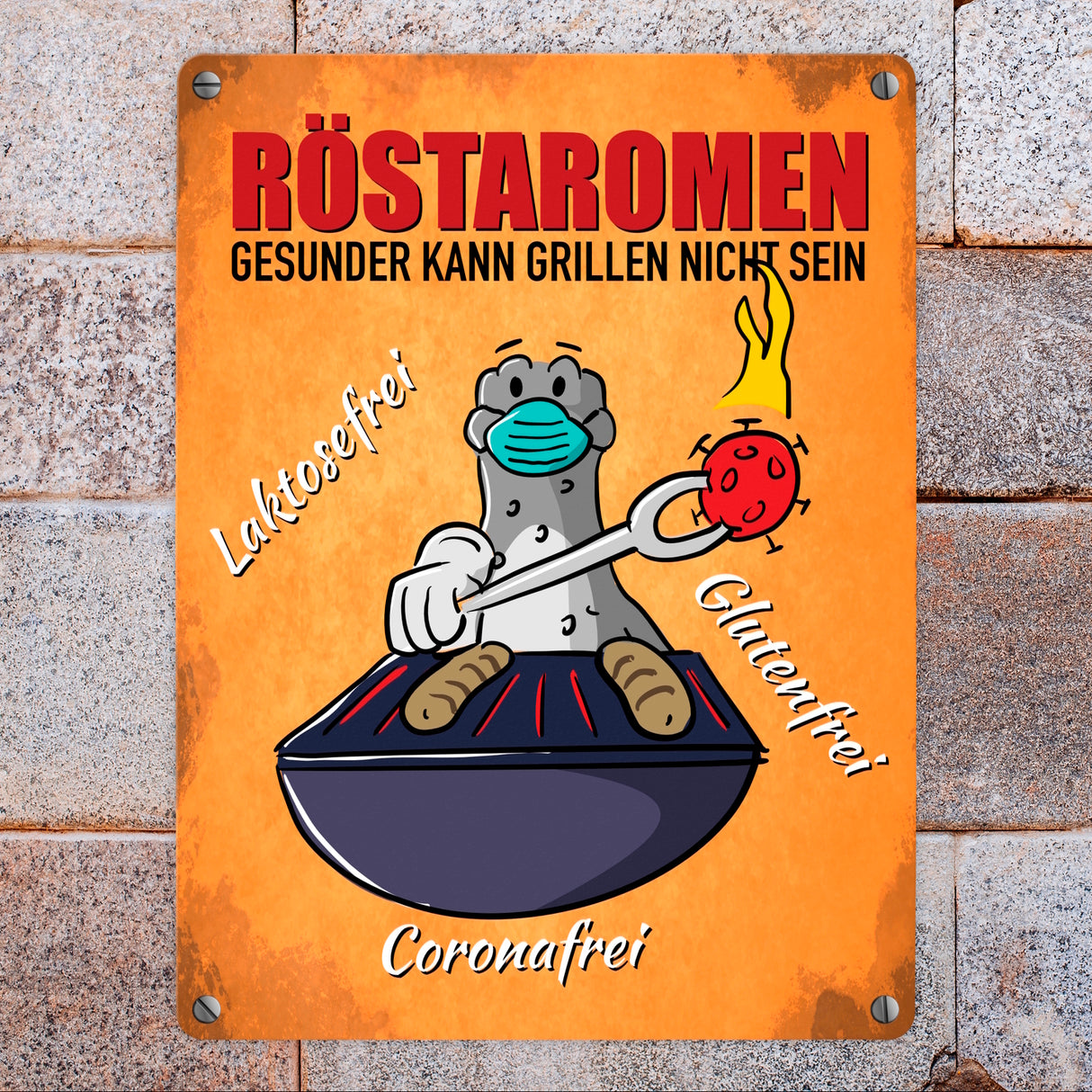 Röstaromen Metallschild mit Seeleopard beim Grillen