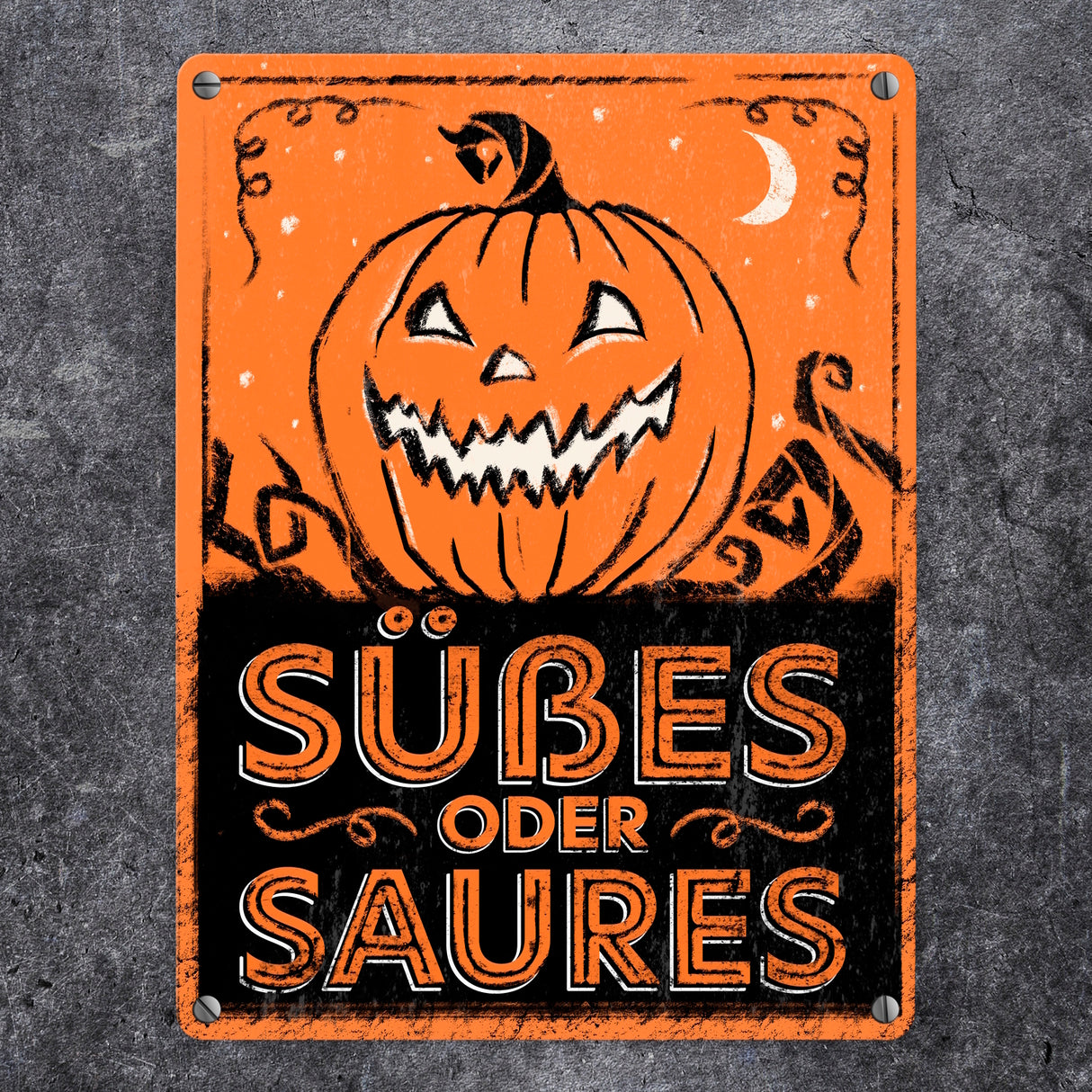 Metallschild mit Halloween Kürbis Motiv im used Look - Süßes oder Saures