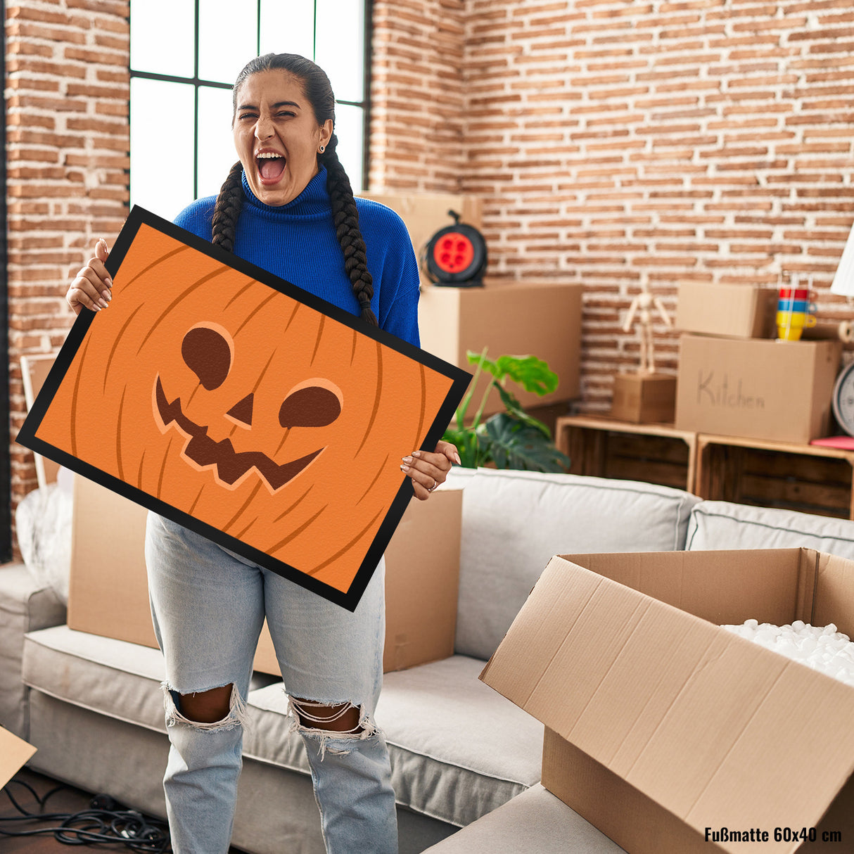 Fußmatte mit gruseligem Kürbiskopf Design für Halloween und die Herbstzeit