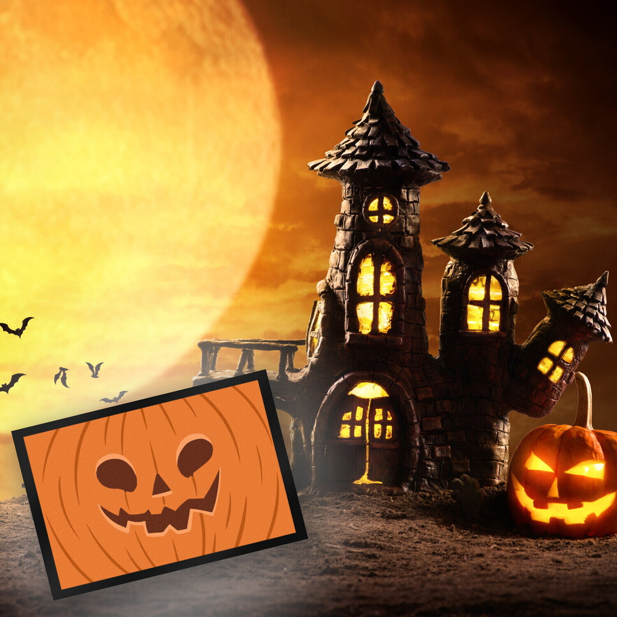 Fußmatte mit gruseligem Kürbiskopf Design für Halloween und die Herbstzeit