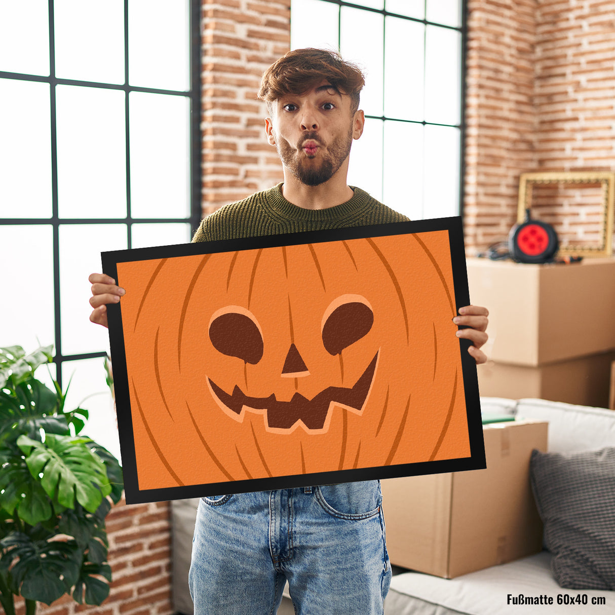 Fußmatte mit gruseligem Kürbiskopf Design für Halloween und die Herbstzeit