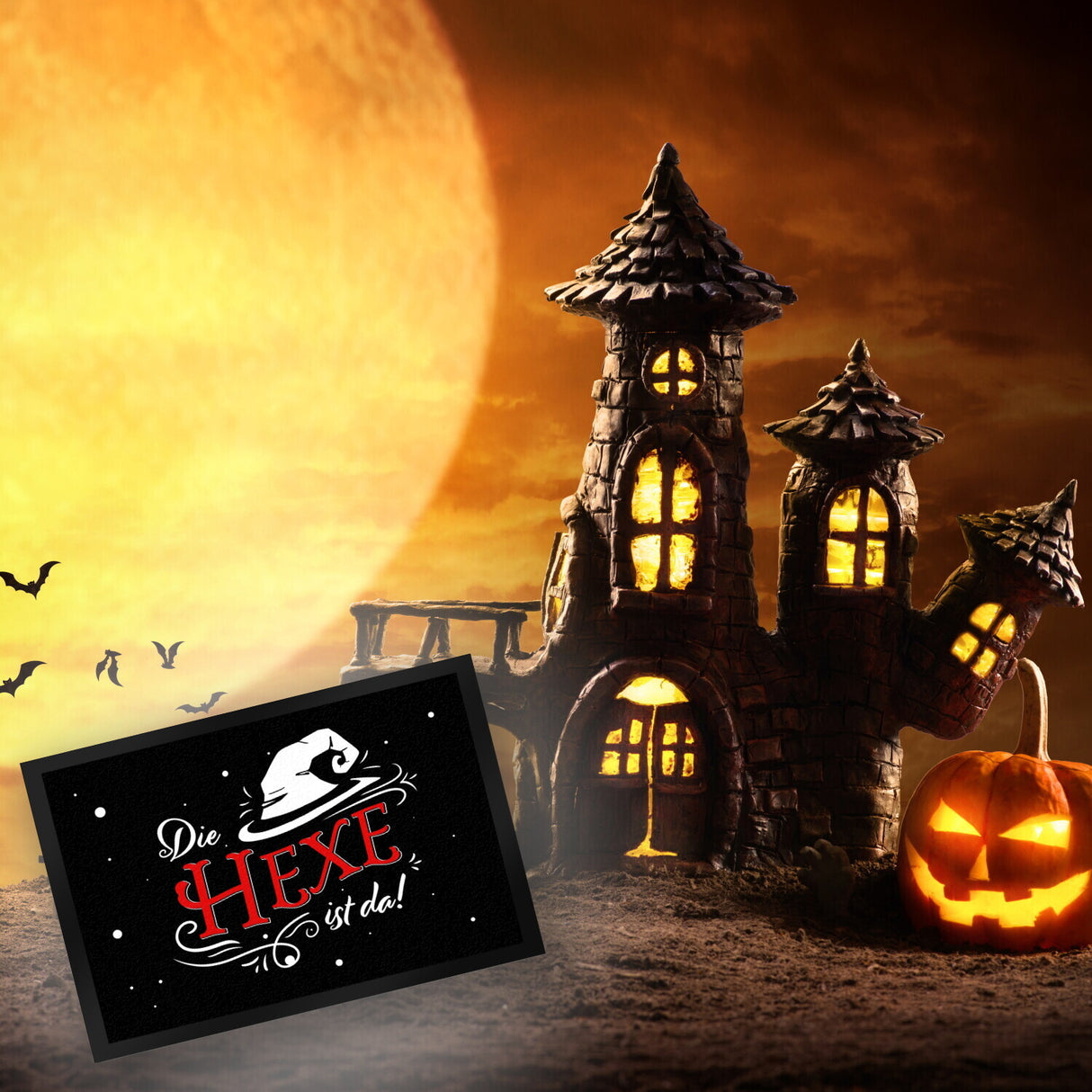 Fußmatte im Halloween Design mit lustigem Spruch und Hexenhut - Die Hexe ist da