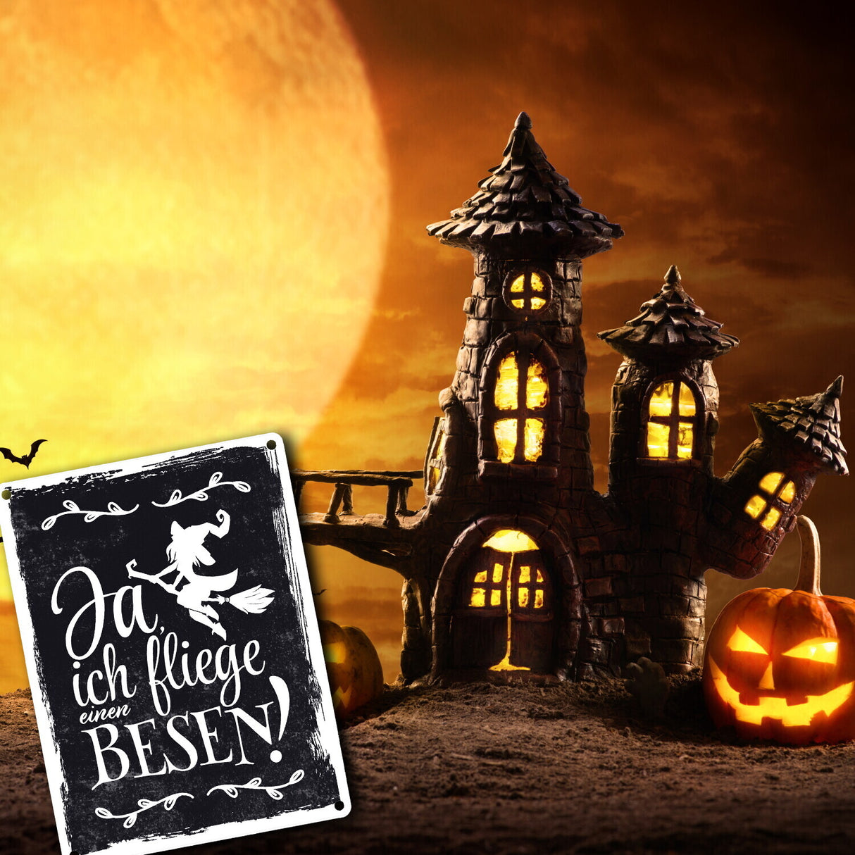 Metallschild mit witzigem Hexenmotiv zu Halloween - Ja, ich fliege einen Besen