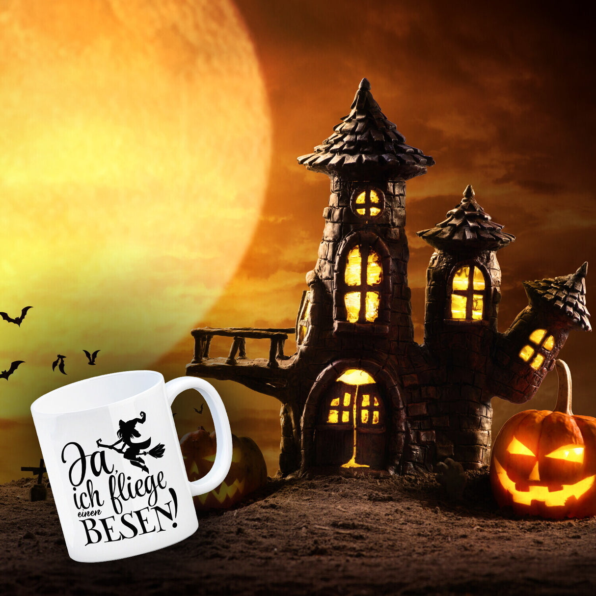 Kaffeebecher mit witzigem Hexenmotiv zu Halloween - Ja, ich fliege einen Besen