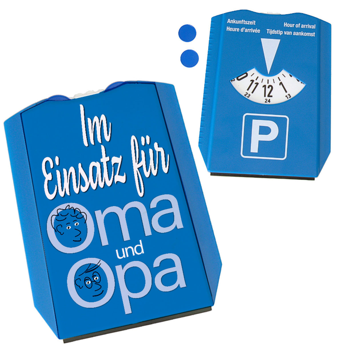 Parkscheibe mit Spruch: Im Einsatz für Oma und Opa mit 2 Einkaufswagenchips